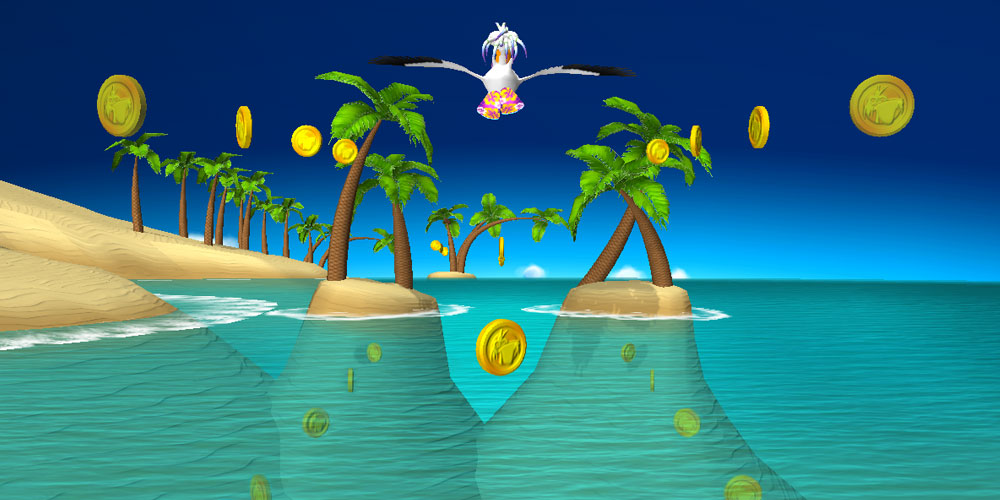 Rasty Pelican flying high to collect floating coins