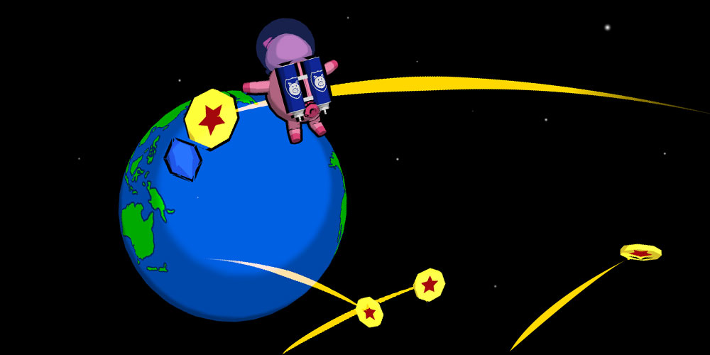 Space Pig floating in zero gravity and collecting coins