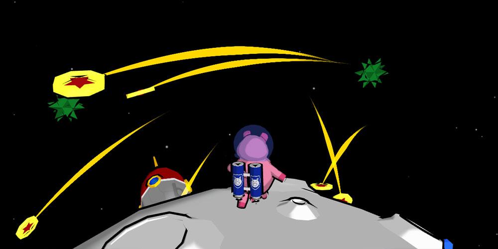 Space Pig walking on the moon and evading obstacles