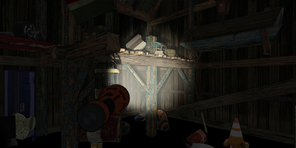 Spotter flashlight searching objects in a dark barn